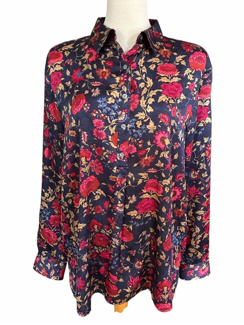 Lauren Ralph Lauren Dark Floral Navy Blue Red Floral Blouse Women's Size XL